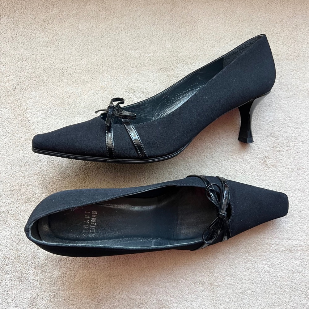 Stuart Weitzman Women 7 Black Fabric Kitten‎ Heel Pumps Bow Pointed Toe Classic